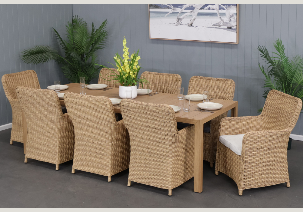 CAPELL 2400 9-PIECE OUTDOOR DINING SUITE WICKER ON ALUMINIUM FRAME TEAK LOOK NATURAL