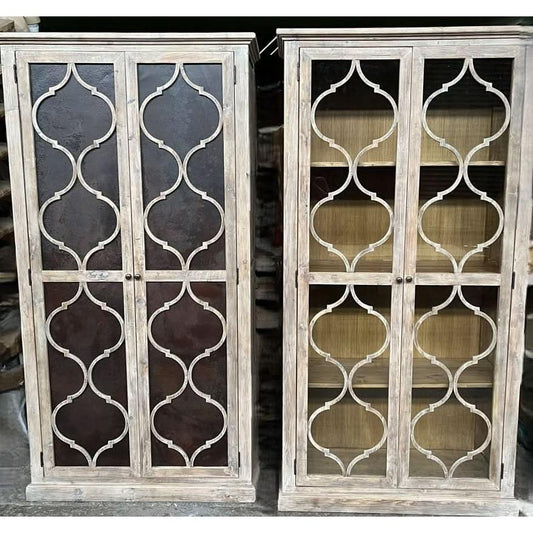 REINA GREYWASHED RECYCLED TIMBER/GLASS 2-DOOR BOOKCASE DISPLAY CABINET