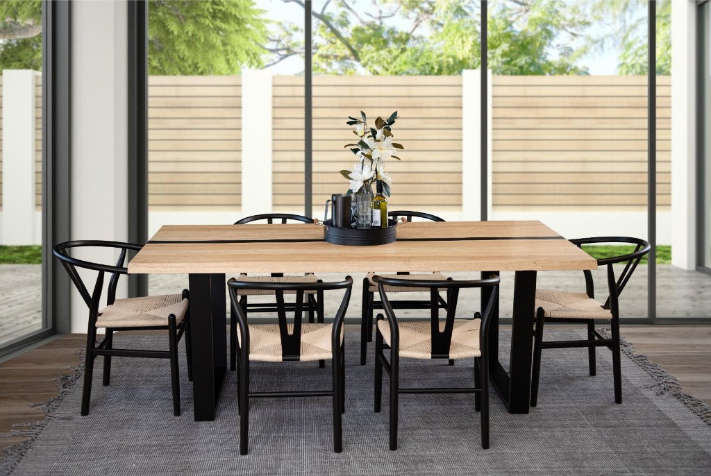 AXWYN  SOLID RUBBERWOOD DINING TABLE NATURAL/BLACK 200CM WITH 6 ARC BLACK/NATURAL DINING CHAIRS