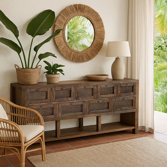 ELDRIDGE SOLID MINDI WOOD BUFFET 9 DRAWERS SIDEBOARD IN HONEY BROWN 180CM