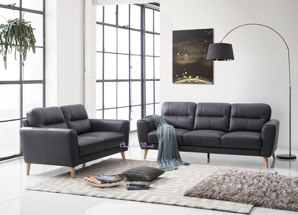 VIGGO 2-SEATER + 3-SEATER LEATHER SOFA SET BLACK