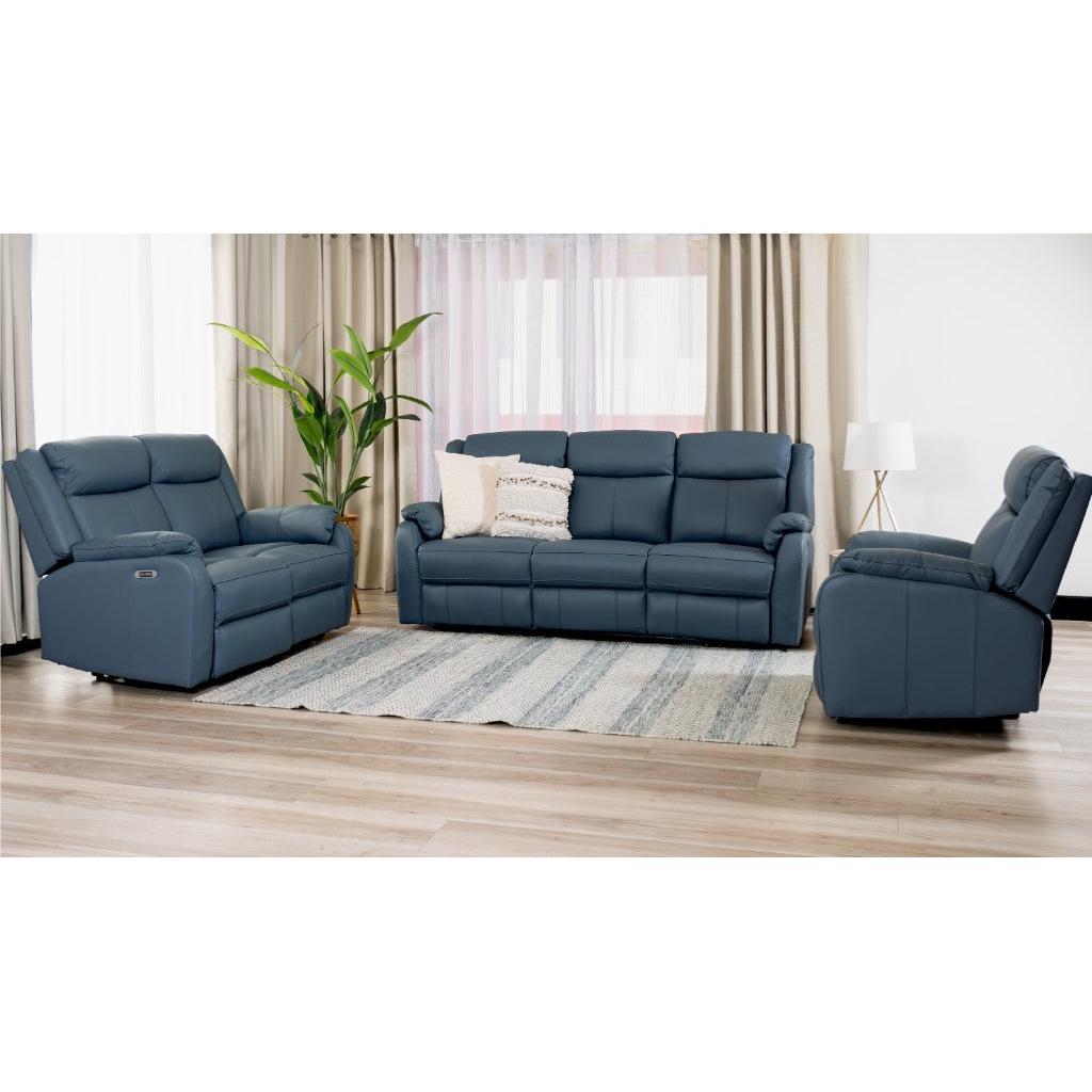 BARRON GENUINE MURANO LEATHER 3-SEATER  2-SEATER + 1 SINGLE RECLINER ARMCHAIR  LOUNGE SUITE MARINE BLUE