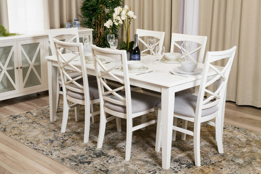 LUGANO HAMPTONS STYLE ACACIA 7 PIECE DINING SET DINING TABLE 180CM + 6 FABRIC SEAT DINING CHAIRS