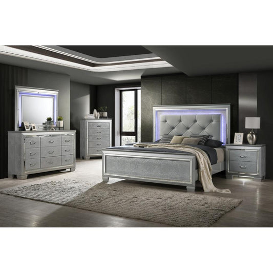 ELARA  RUBBERWOOD QUEEN BED WITH LED LIGHT - SILVER