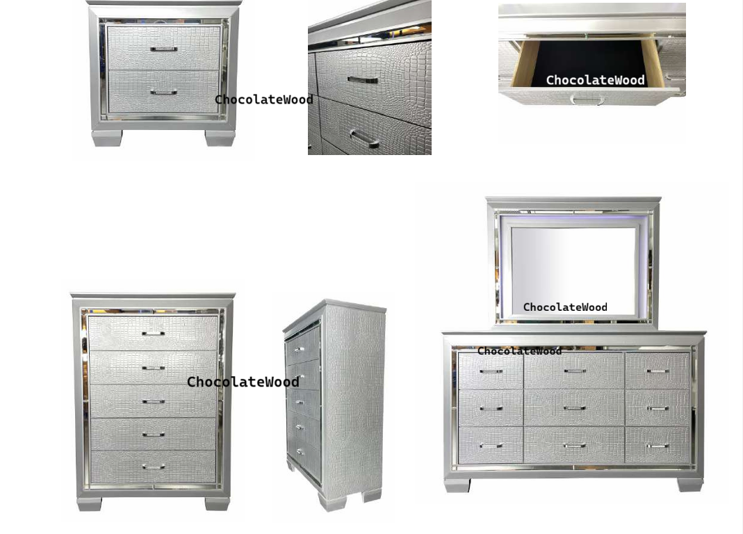 ELARA RUBBERWOOD 5-DRAWER TALLBOY CHEST OF 5 DRAWERS SILVER
