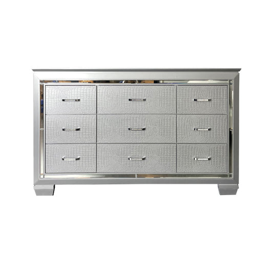 ELARA  RUBBERWOOD 9-DRAWER DRESSER CHEST OF 9 DRAWERS SILVER