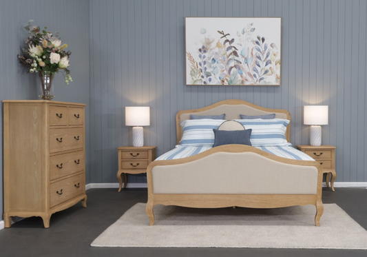 FAIRFAX SOLID OAK KING BEDROOM SUITE - KING BED + TALLBOY + 2 X BEDSIDE TABLES