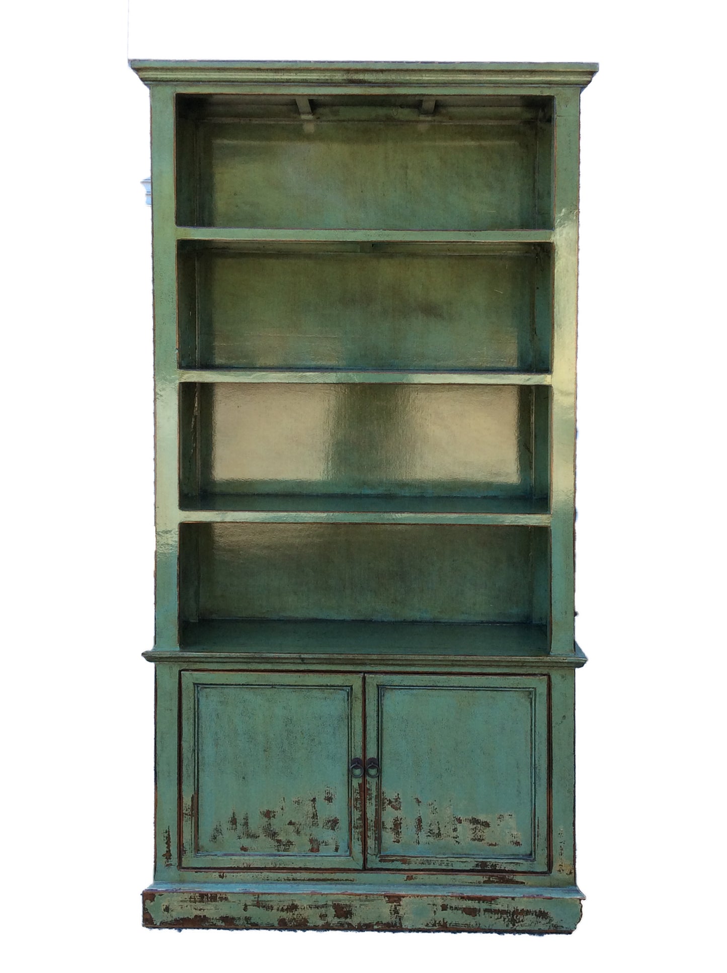 NANYANG H29 CHINESE ANTIQUE RECYCLED PINE TIMBER BOOKCASE BOOKSHELF 4 SHELVES 2 DOORS DISTRESSED GREEN