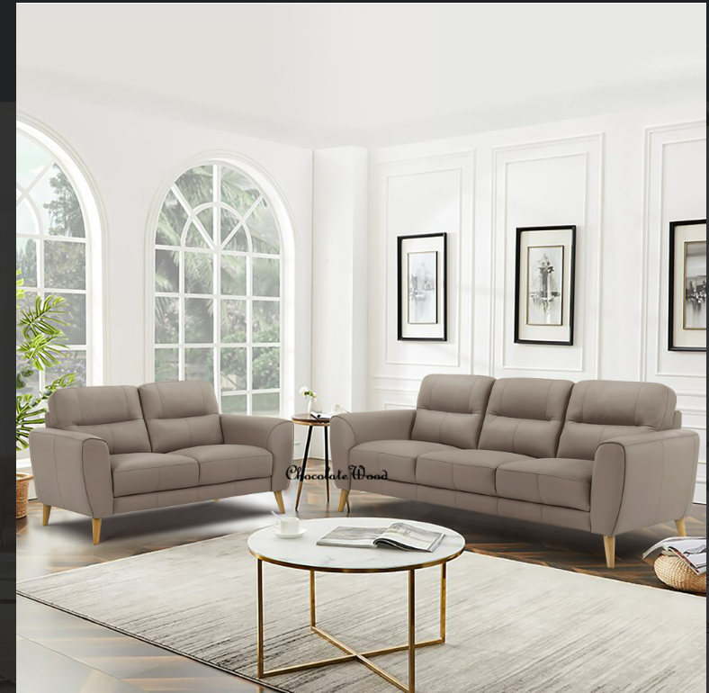 VIGGO 2-SEATER + 3-SEATER LEATHER SOFA SET LIGHT BROWN