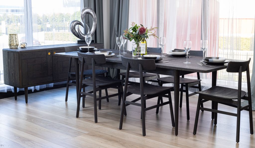 MEDRANO OAK 7 PIECE DINING SET SANDBLASTED BLACK EXTENSION DINING TABLE 170/230CM + 6 MEDRANO TIMBER SEAT DINING CHAIRS
