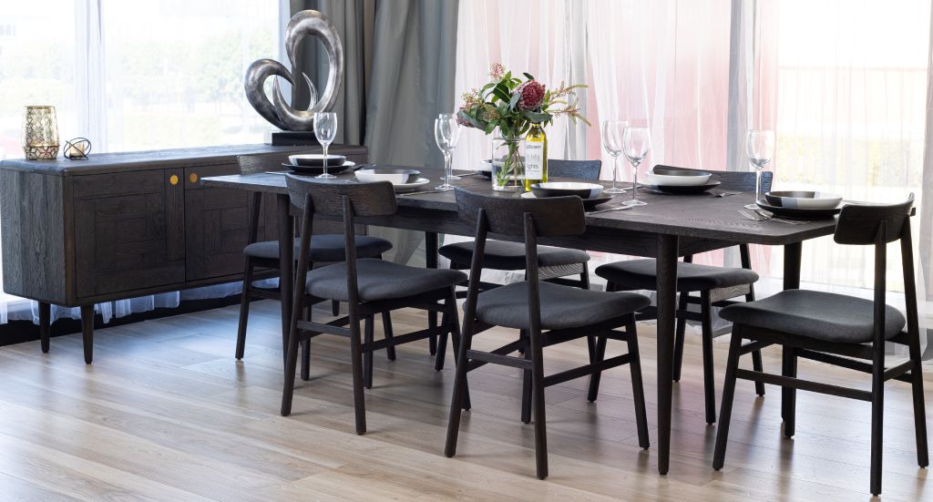 MEDRANO OAK 7 PIECE DINING SET SANDBLASTED BLACK EXTENSION DINING TABLE 170/230CM + 6 MEDRANO FABRIC SEAT DINING CHAIRS
