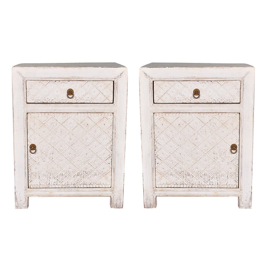 MAYLEEN PAIR OF RECLAIMED TIMBER BEDSIDE TABLES 1 DRAWER 1 DOOR WHITE