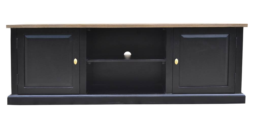 SORANZO MANGO WOOD 2-DOOR 1 SHELF ETU TELEVISION UNIT HANDCRAFTED PARQUET TOP OAK/BLACK
