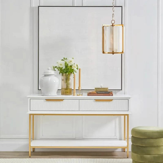 MORETTI 2-DRAWER CONSOLE TABLE/HALL TABLE SATIN WHITE & GOLD SMALL