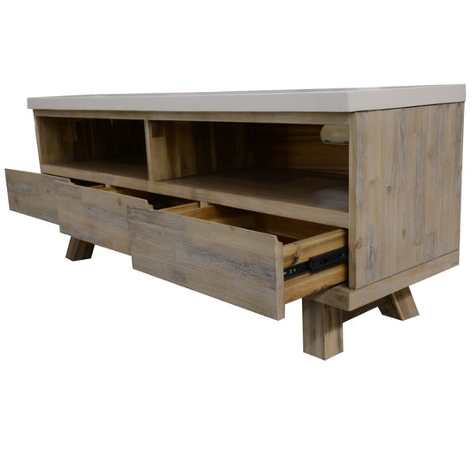 ROSALI 2-TONE WHITE CONCRETE TOP & SOLID ACACIA PEWTER ETU TV UNIT 3 DRAWERS 2 NICHES