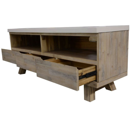 ROSALI 2-TONE WHITE CONCRETE TOP & SOLID ACACIA PEWTER ETU TV UNIT 3 DRAWERS 2 NICHES