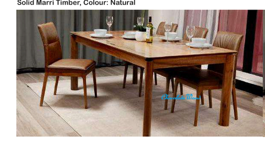 BUNGARRA 9 PIECE MARRI WOOD RECTANGULAR DINING TABLE SET 240CM + 8 BUNGARRA TOFFEE LEATHER DINING CHAIRS