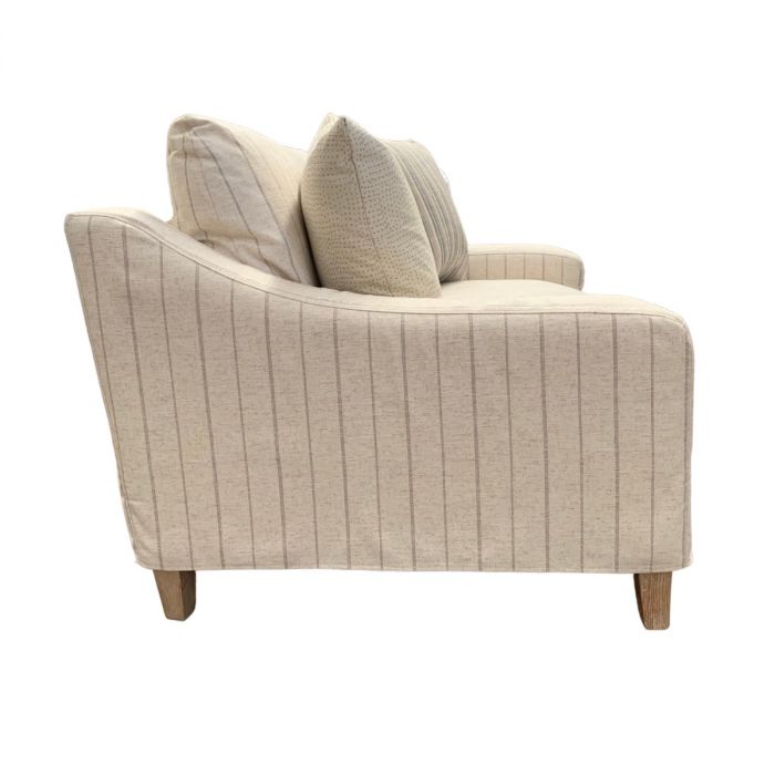 SERVINI FABRIC 1.5 SEATER LOUNGE SOFA CALANTINO STRIPE WITH CONTRASTING THROWS