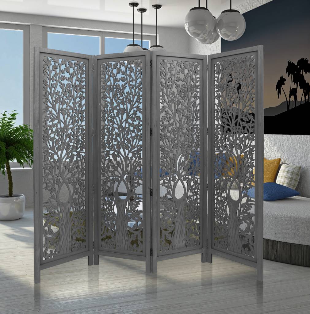 ASHE DECORATIVE MANGO WOOD SCREEN/ROOM DIVIDER DARK GREY