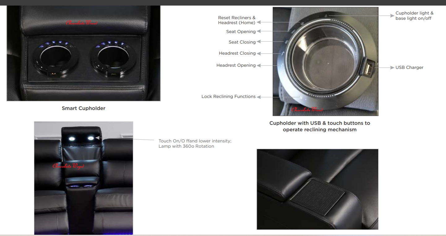 DORIA 4-SEATER HOME THEATRE 2 CONSOLES RHINO SUEDE FABRIC ELECTRIC RECLINER