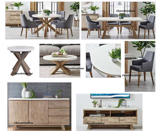 ROSALI 2-TONE WHITE CONCRETE TOP & SOLID ACACIA PEWTER 7 PIECE DINING SET: 1 DINING TABLE 180CM & 6 DINING ARMCHAIRS