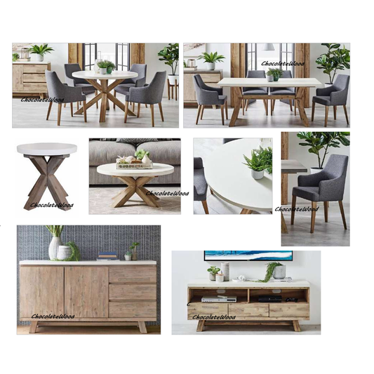 ROSALI 2-TONE WHITE CONCRETE TOP & SOLID ACACIA PEWTER 7 PIECE DINING SET: 1 DINING TABLE 180CM & 6 DINING ARMCHAIRS