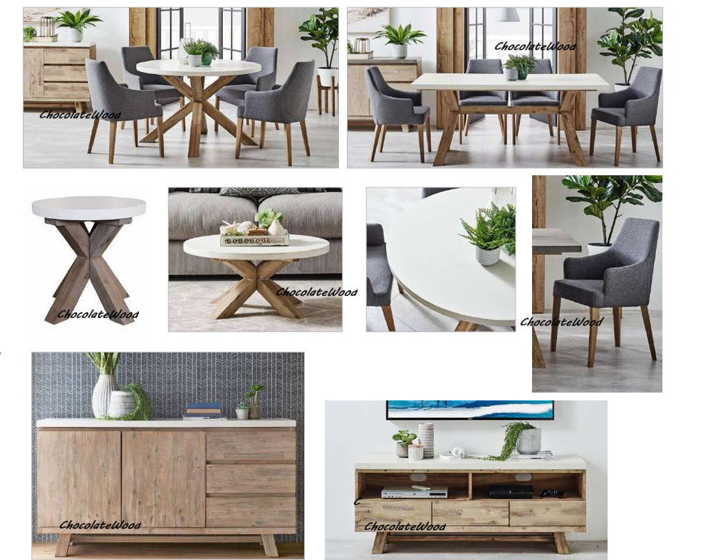 ROSALI 2-TONE WHITE CONCRETE TOP & SOLID ACACIA PEWTER 7 PIECE DINING SET: 1 DINING TABLE 180CM & 6 DINING ARMCHAIRS