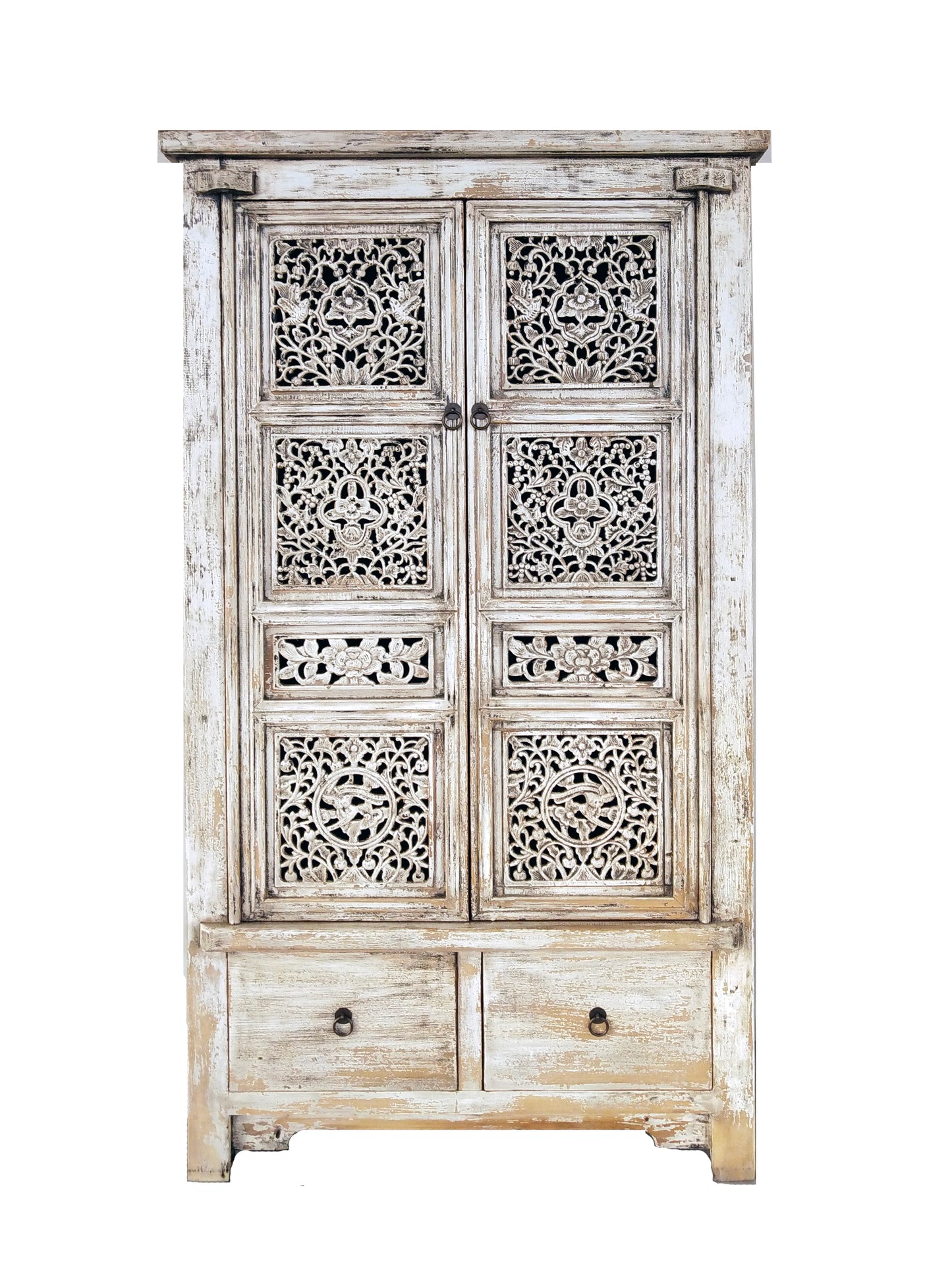 BEIBEI NGH006 CHINESE ANTIQUE RECYCLED PINE TIMBER 2-DOOR 2-DRAWER CUPBOARD CABINET DISTRESSED WHITE