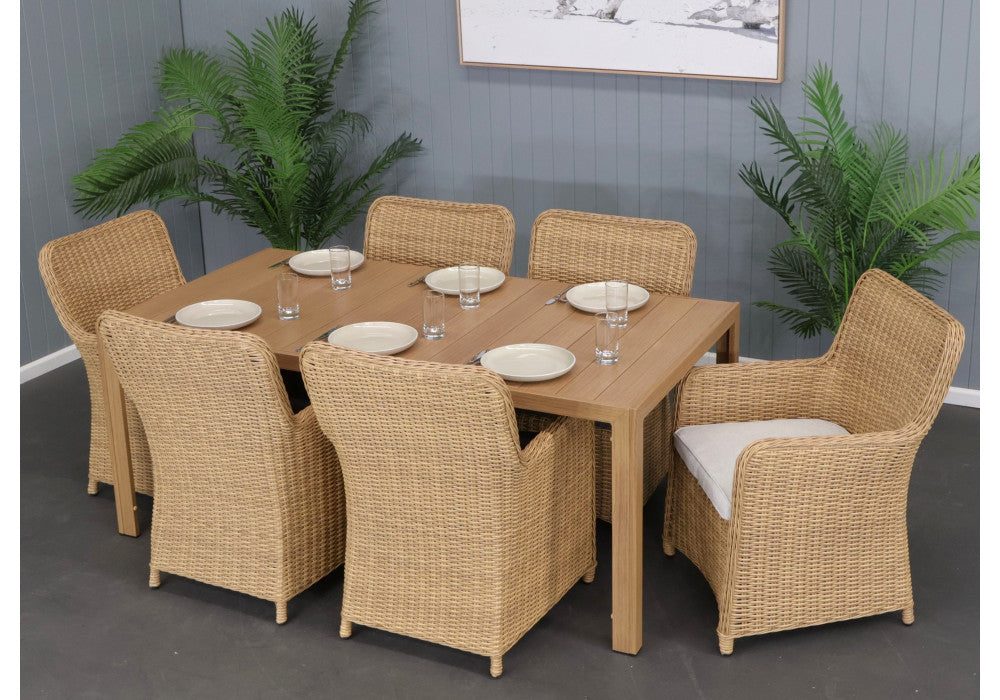 CAPELL 1800 7-PIECE OUTDOOR DINING SUITE WICKER ON ALUMINIUM FRAME TEAK LOOK/NATURAL CUSHIONS