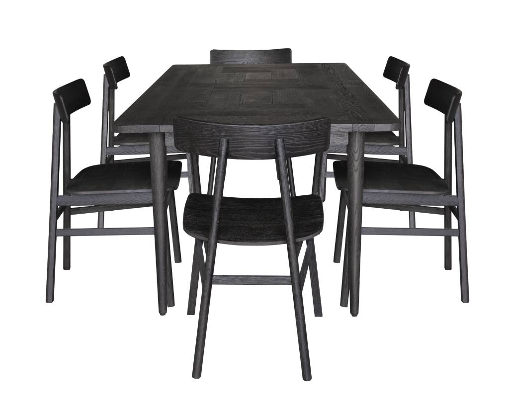 MEDRANO OAK 7 PIECE DINING SET SANDBLASTED BLACK 180CM DINING TABLE + 6 MEDRANO TIMBER SEAT DINING CHAIRS