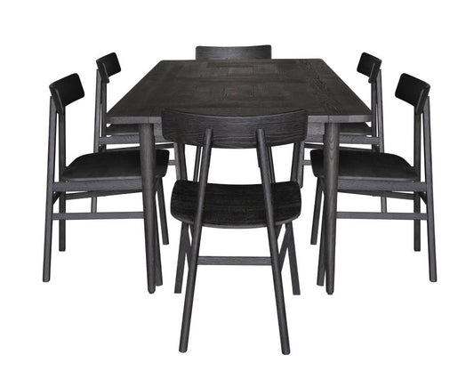 MEDRANO OAK 7 PIECE DINING SET SANDBLASTED BLACK 180CM DINING TABLE + 6 MEDRANO TIMBER SEAT DINING CHAIRS