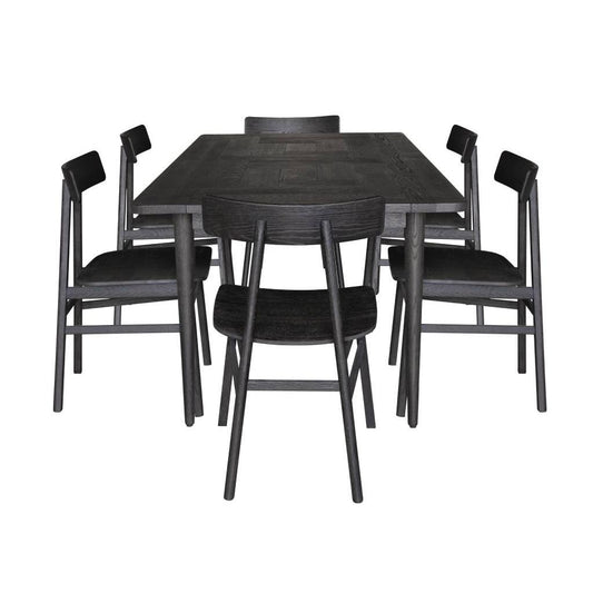 MEDRANO OAK 7 PIECE DINING SET SANDBLASTED BLACK 180CM DINING TABLE + 6 MEDRANO TIMBER SEAT DINING CHAIRS