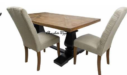SORANZO MANGO WOOD DINING TABLE HANDCRAFTED PARQUET TOP OAK/BLACK 230CM & 8 OPEL DINING CHAIRS