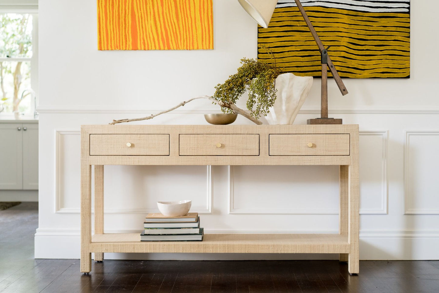 SWANN MAHOGANY FRAME RAFFIA WRAPPED HALL TABLE/CONSOLE TABLE 3 DRAWERS