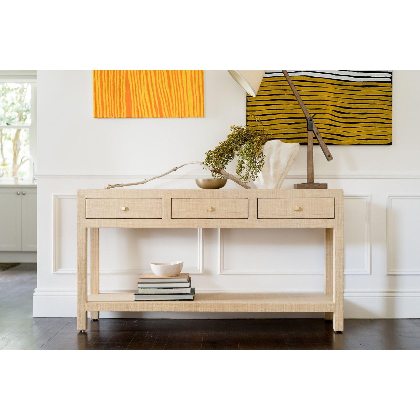 SWANN MAHOGANY FRAME RAFFIA WRAPPED HALL TABLE/CONSOLE TABLE 3 DRAWERS NATURAL