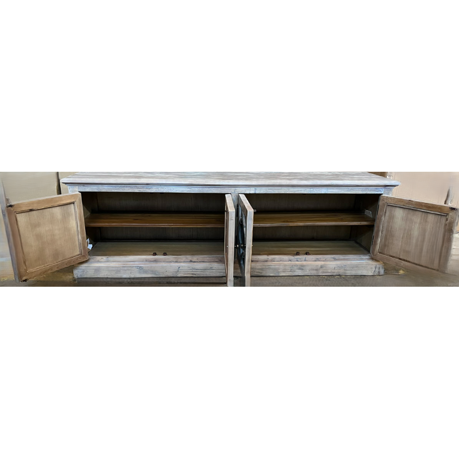 REINA GREYWASHED RECYCLED TIMBER/HERITAGE METAL PANELS 4-DOOR ETU TELEVISION UNIT