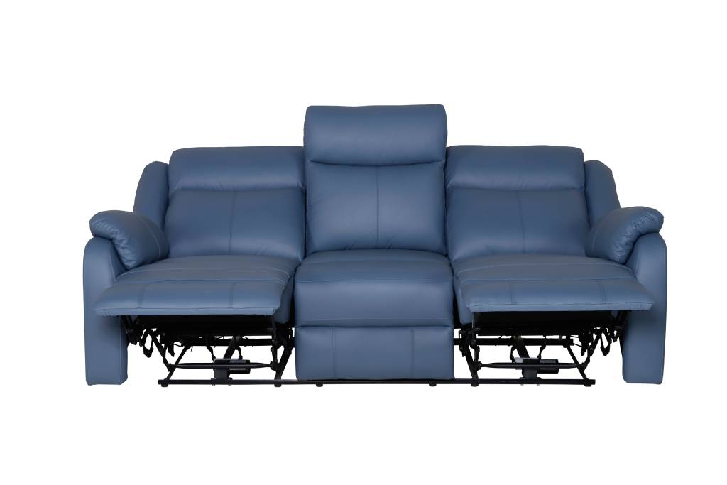 BARRON GENUINE MURANO LEATHER 3-SEATER RECLINER SOFA W/USB PORT MARINE BLUE