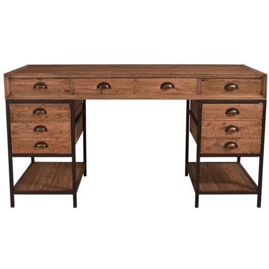 BASIL RECLAIMED OAK & IRON TWIN PEDESTAL DESK. HOME OFFICE DESK BROWN