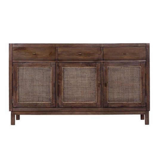 ELDRIDGE SOLID MINDI WOOD 3-DOOR 3 DRAWER SIDEBOARD/BUFFET IN HONEY BROWN 140CM