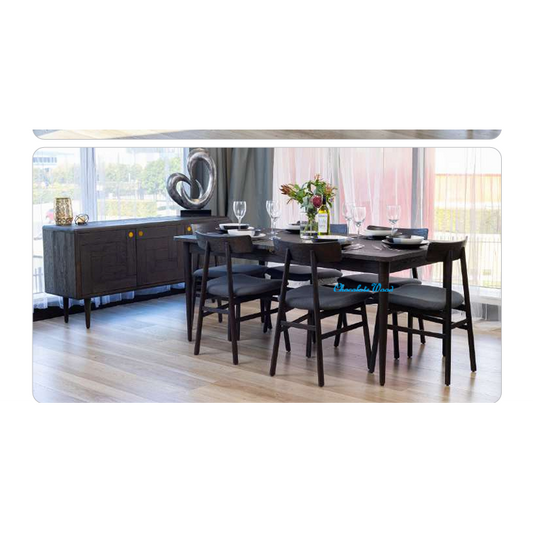 MEDRANO OAK 7 PIECE DINING SET SANDBLASTED BLACK EXTENSION DINING TABLE 170/230CM + 6 MEDRANO FABRIC SEAT DINING CHAIRS