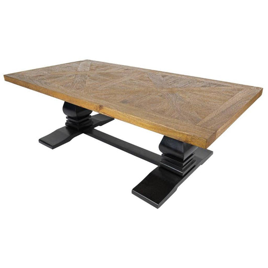 SORANZO MANGO WOOD COFFEE TABLE HANDCRAFTED PARQUET TOP OAK/BLACK 135CM FRENCH PROVINCIAL