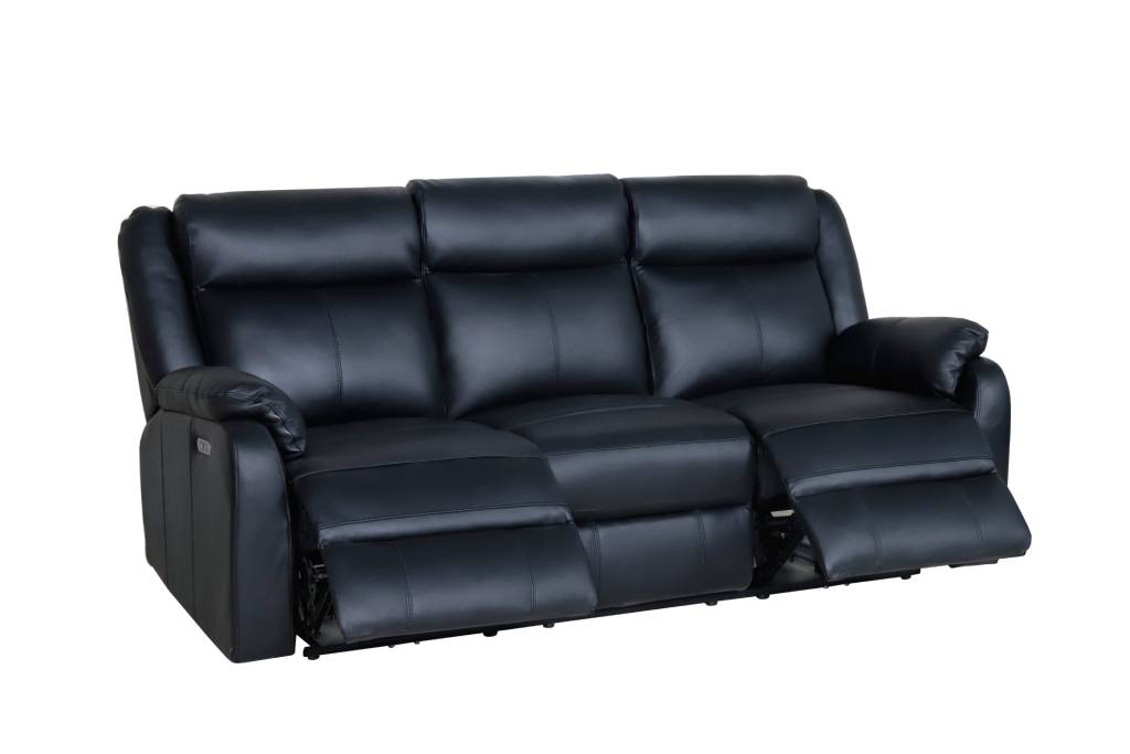 BARRON GENUINE MURANO LEATHER 3-SEATER RECLINER SOFA W/USB PORT BLACK