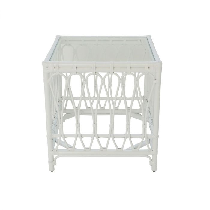 RUSSO TEMPERED GLASS TOP RATTAN SIDE TABLE IN SOLID WHITE