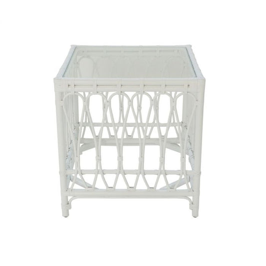 RUSSO TEMPERED GLASS TOP RATTAN SIDE TABLE IN SOLID WHITE