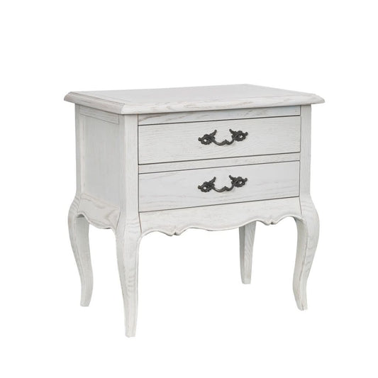 CLARENCE VINTAGE HAND CARVED OAK & VENEER 2 DRAWER BEDSIDE LIGHTLY DISTRESSED WHITE