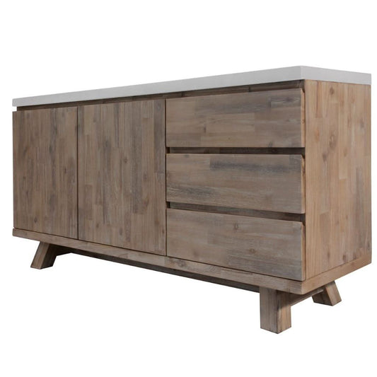 ROSALI 2-TONE WHITE CONCRETE TOP & SOLID ACACIA PEWTER BUFFET SIDEBOARD 3 DRAWERS 2 DOORS