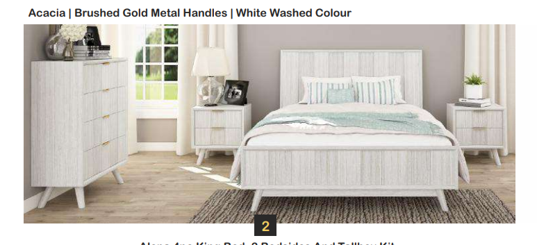 NOVAK 4 PIECE SOLID ACACIA BEDROOM SUITE: KING BED, 2XBEDSIDES, TALLBOY WHITEWASHED