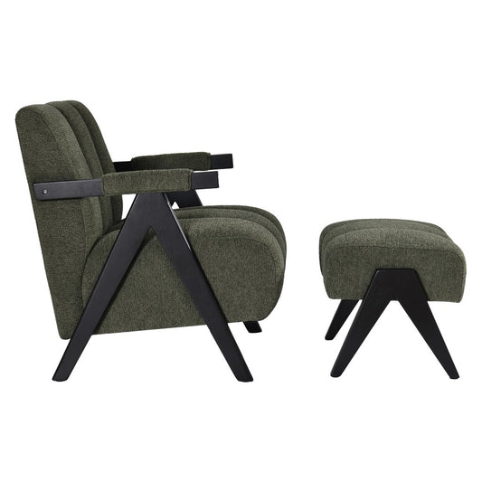 PELLERIN FABRIC ARMCHAIR & MATCHING STOOL DARK GREEN