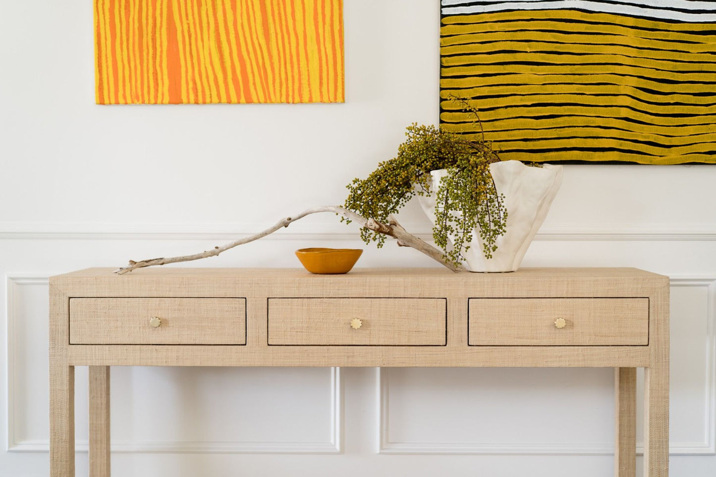 SWANN MAHOGANY FRAME RAFFIA WRAPPED HALL TABLE/CONSOLE TABLE 3 DRAWERS
