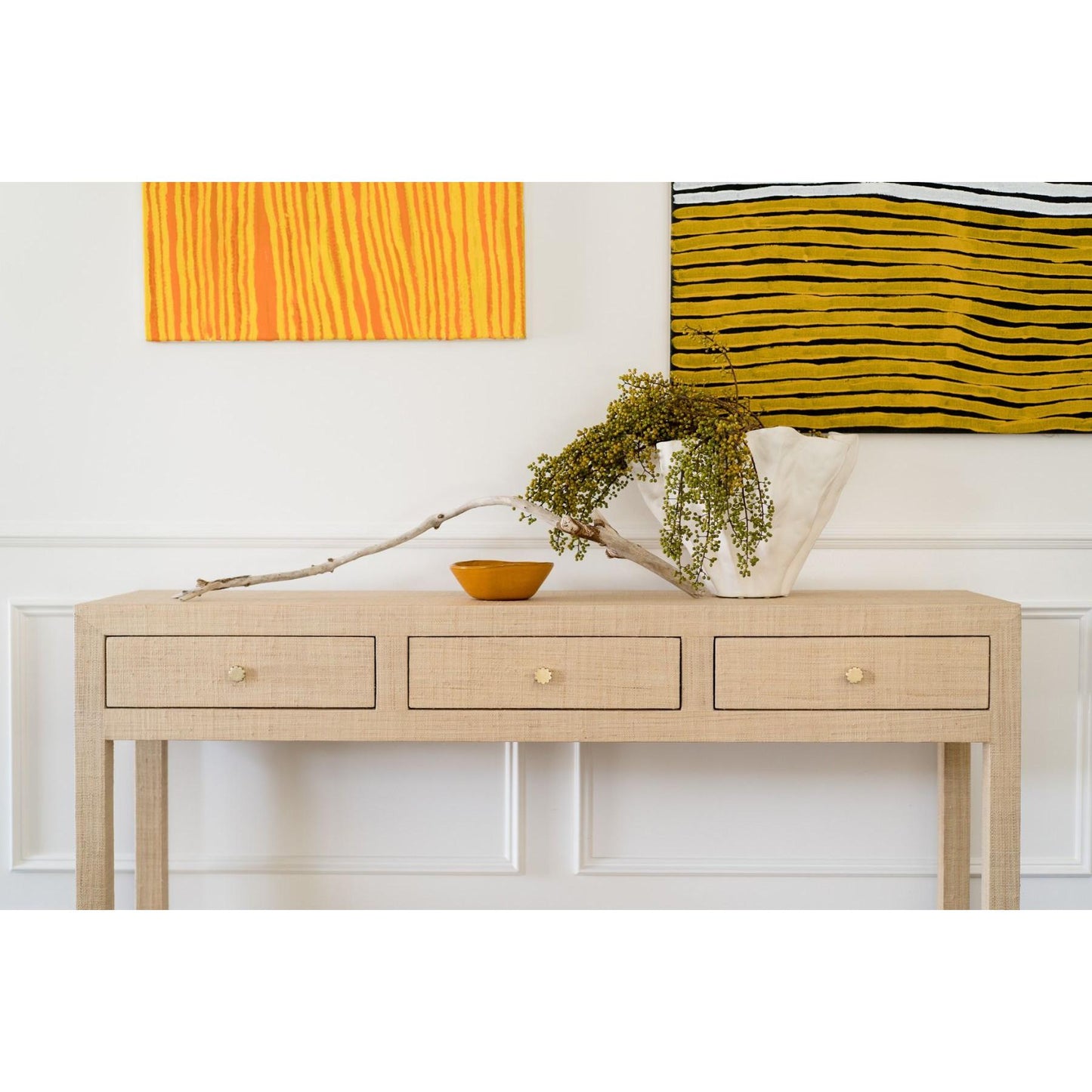 SWANN MAHOGANY FRAME RAFFIA WRAPPED HALL TABLE/CONSOLE TABLE 3 DRAWERS NATURAL